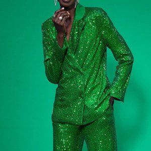 NWT New York and Company Green Sequins Double Breasted Blazer sz Medium M satin
